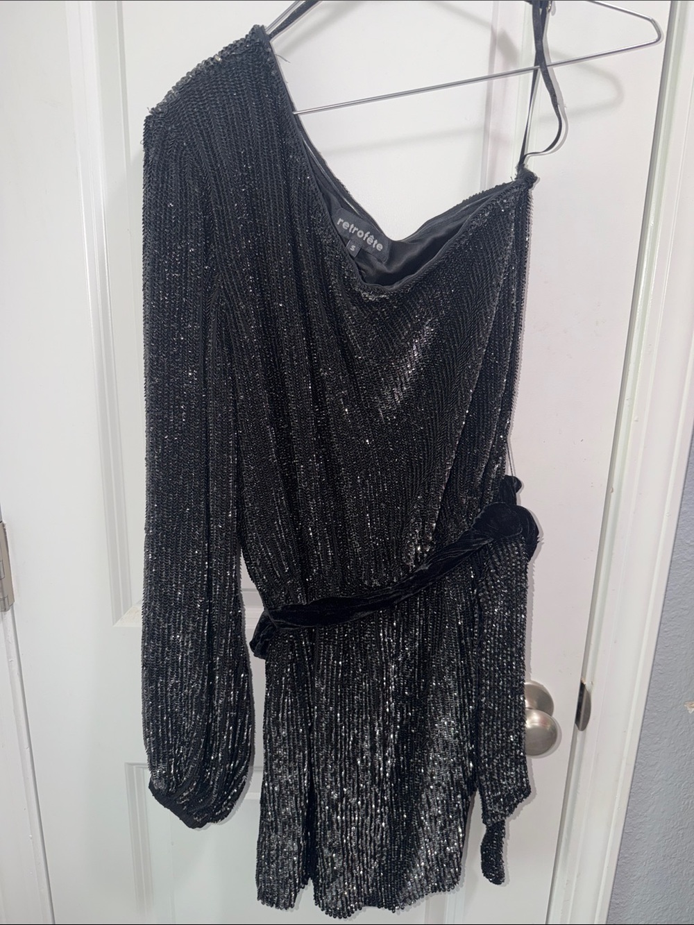 Retrofete Black One-Shoulder Sequin Mini Dress